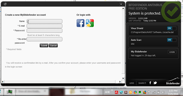 Bitdefender new account window